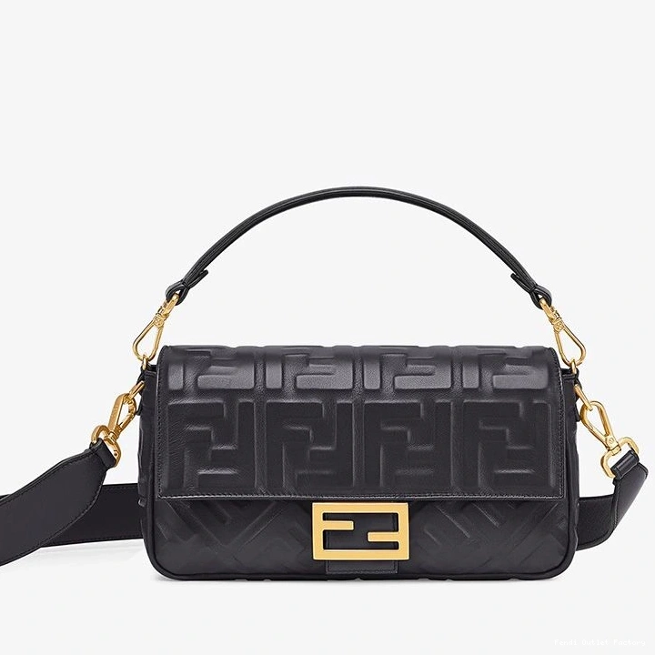 HOT In Bag Baguette Fendi Leather Black Nappa FF Motif Medium 0713